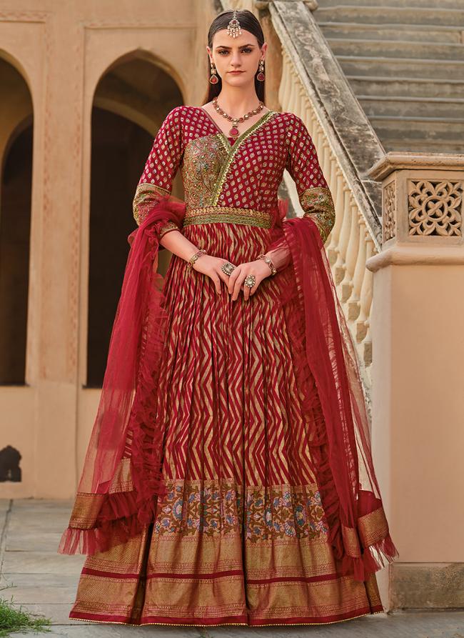 Silk Maroon Bridal Wear Foil Print Readymade Anarkali Suit